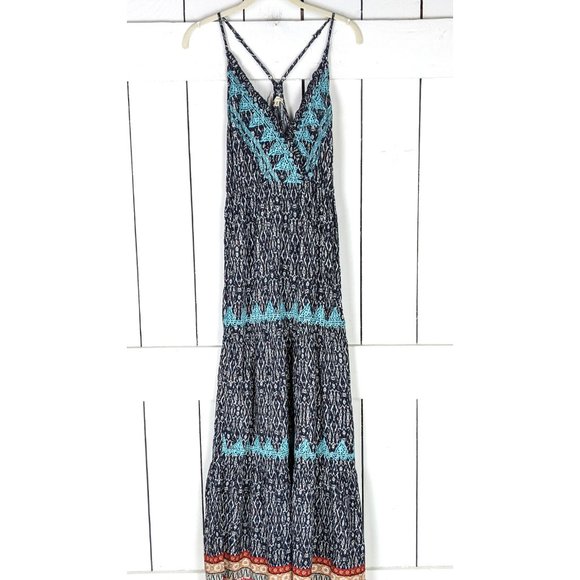 En Creme long blue embroidered tribal IKAT print strappy maxi boho dress - Picture 2 of 6